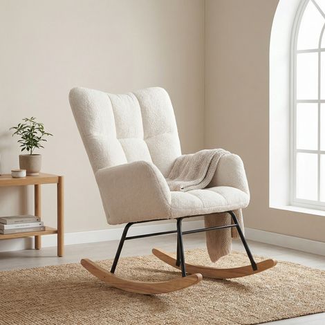 Sedia a Dondolo, Poltrona Relax 88x96cm, Poltrona con Schienale Ergonomico e Imbottitura in Spugna, Tessuto Teddy Soft, Gambe in Metallo e Legno, Beige