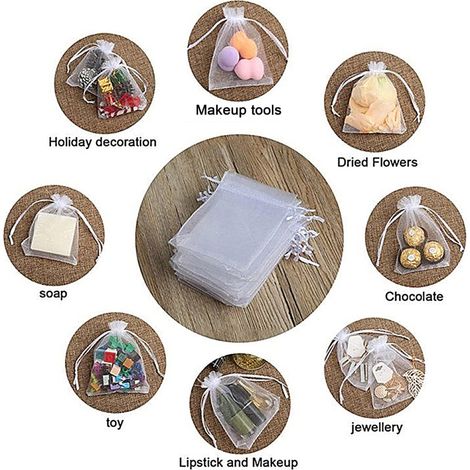 100 weiße Organza-Geschenkbeutel (10 x 15 cm), Kordelzugbeutel, ideal für Hochzeiten, Schmuck und Partys. (1/3)
