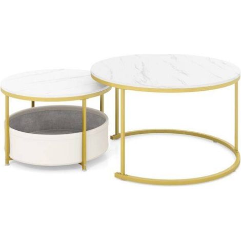 Round Coffee Table Set of 2 Circle Cocktail Table with Storage Basket-White (1/5)