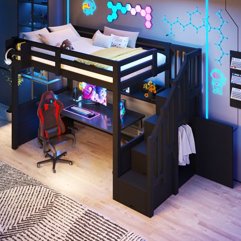 Letto a soppalco 90x200 cm nero in legno con scale contenitore, armadio e LED (1/5)