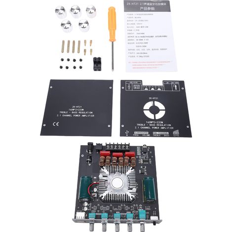 Carte d'amplificateur audio 2.1 canaux Bluetooth 5.0, module d'amplificateur, prise en charge du port USB AUX, ventilateur de protection HiFi 160 W x 2, compatible avec TDA7498E ZK-HT21. (1/5)