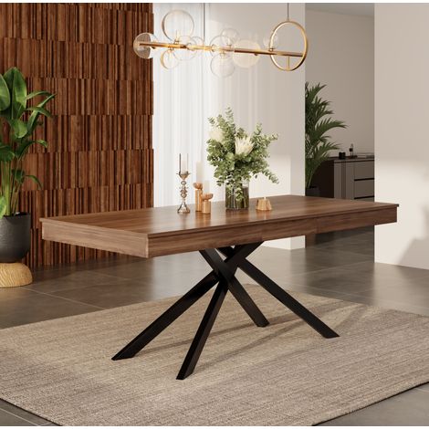 MODFU – Mesa extensible 140-180x80 cm de MDF/metal con tablero nogal, patas cruzadas, para 6-8 personas y carga 60 kg – Nogal (1/5)