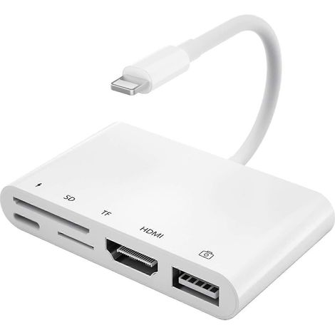 Adaptateur HDMI pour iPhone, lecteur de cartes SD/TF, adaptateur USB OTG avec port de charge, adaptateur AV Lightning numérique 1080p compatible avec iPhone 14/13/12/ (1/5)