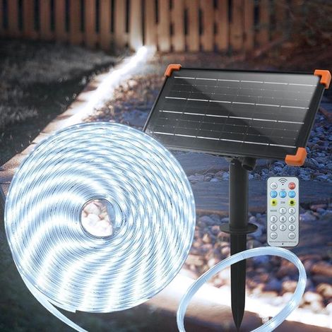 Bande LED solaire 5 m – Blanc – Étanche – Allumage automatique, minuterie et télécommande – Jardin, terrasse, allée, escalier – Économique (1/5)