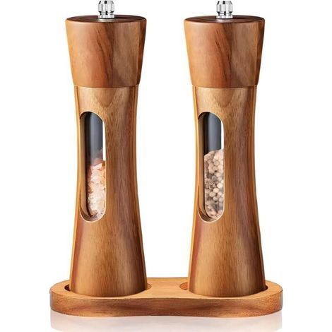 Ensemble moulin à poivre et à sel en bois, ensemble en céramique réglable de 2 pièces avec base en bois. (1/4)