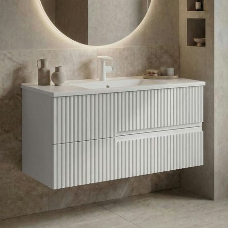 Meuble vasque suspendu 90 cm blanc 2 tiroirs RIVIA (1/5)