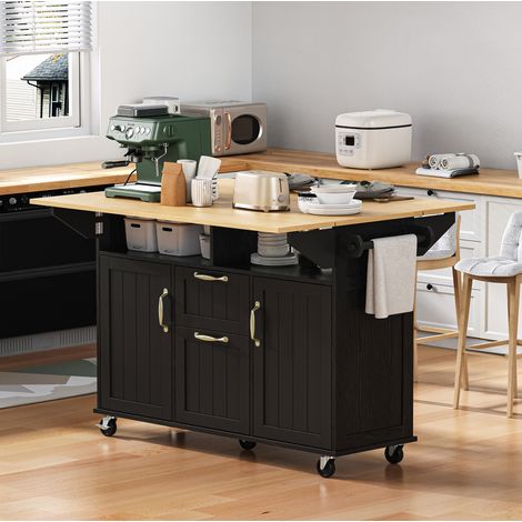 Îlot de cuisine 120x40x92 cm noir et naturel en MDF avec table pliante, roulettes et prises intégrées (1/5)