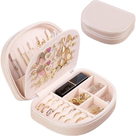 Coffret Bijoux Portable Double Étage Rose, Sac Voyage Léger en Cuir PU Protecteur pour Bagues, Boucles d'Oreilles et Petits Colliers (1/5)