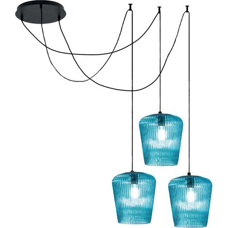 Sospensione vetro blu gea luce numa bt3 bl e27 led lampada soffitto decentramento moderna, finitura metallo nero