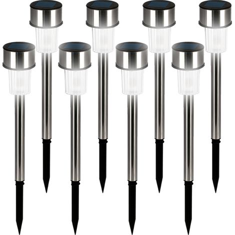 Deuba Pack of 8 White LED Solar Garden Lights Stainless Steel Automatic Rechargeable Stake Lamps Weather-Resistant Patio Lawn Party