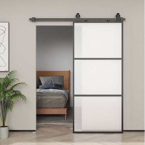 Puerta corredera de vidrio esmerilado (91.4x203.2 cm), cierre suave, sistema de riel, vidrio templado, negro (1/5)