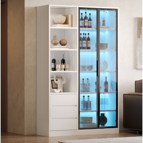 Vitrine haute avec 4 étagères ouvertes, 2 portes en verre trempé, éclairage LED intégré, 3 tiroirs et tablette réglable, meuble de rangement blanc pour salon - CHICFURN (1/5)