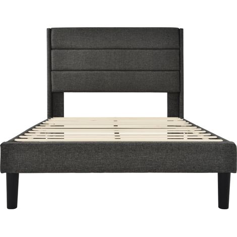 Cama tapizada 90 x 200 cm con somier de láminas y cabecero, lino gris, HOMVRA (1/5)