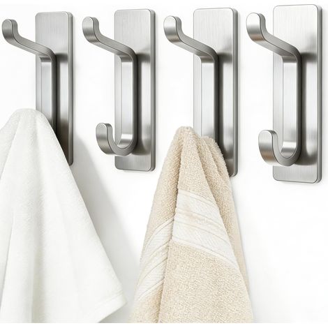 Porte-serviettes sans perçage : crochets adhésifs extra-forts de 6 kg, crochets muraux autocollants pour salle de bain, crochets à serviettes et porte-manteaux, lot de 4, argent (1/5)