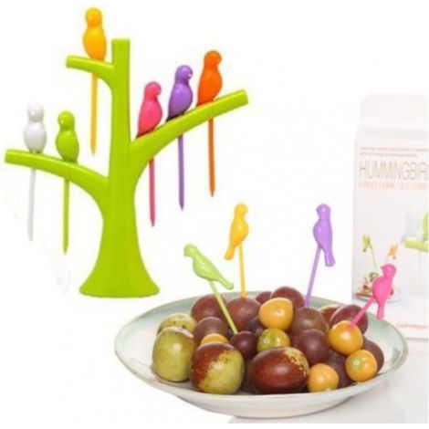 TrAdE Shop Traesio - Set 2 Supporti Alberi 6 Porta Forchette Da Frutta Forma Uccellini Spiedini -