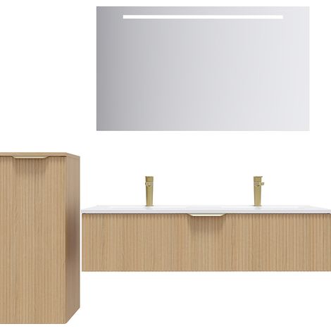 Meuble de salle de bain suspendu double vasque intégrée 120cm 1 tiroir Chêne cannelé + miroir +colonne ouverture gauche - Venice (1/5)