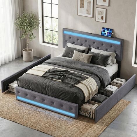 Letto 140x190 per adulti, 4 cassetti, letto matrimoniale capitonné con illuminazione LED e porta USB-C, testiera regolabile, letto con contenitore, lino, stile scandinavo moderno, Grigio