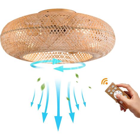 Ventilador de techo con iluminación y control remoto, 20 " e27 lámpara de techo retro creatividad lámpara de techo de bambú y Ratán silencioso 6 ventilador de techo de velocidad del viento (1/5)