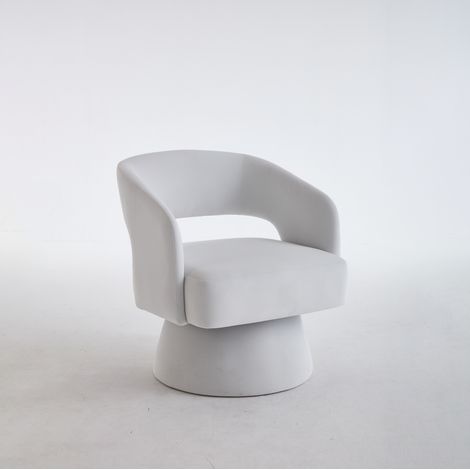 Poltrona girevole a 360° in tessuto beige con base in legno, seduta imbottita in schiuma, moderna (1/5)