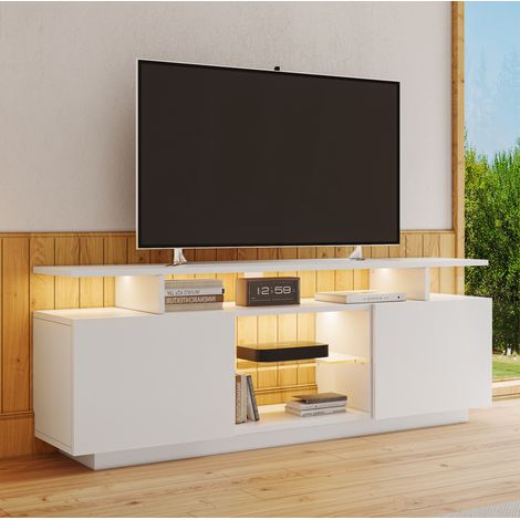 Mueble TV 140x35x55 cm, con iluminación LED controlada por app, 5 compartimentos, aglomerado blanco (1/5)