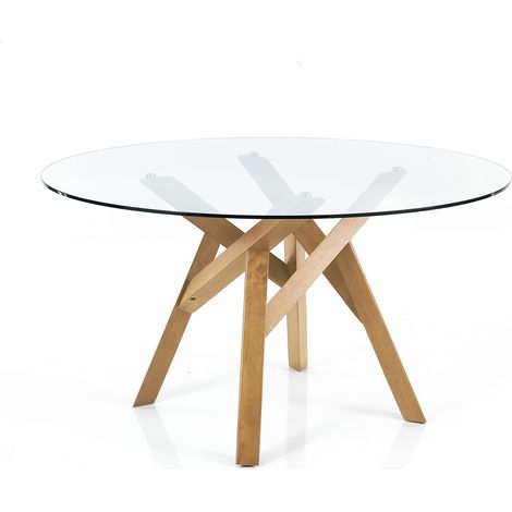 Mesa redonda de vidrio y madera maciza de roble para comedor Pitt (1/3)