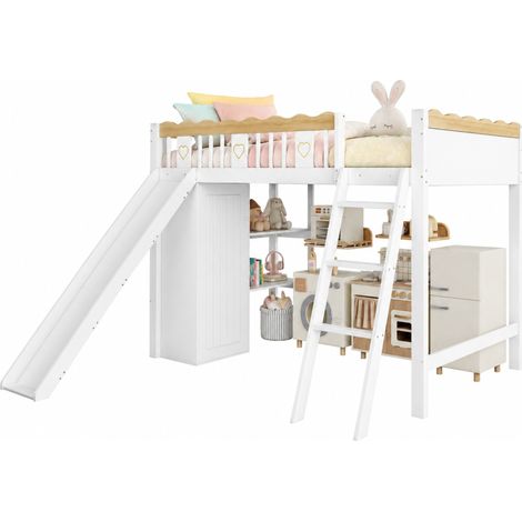Lit mezzanine enfant 90x200 avec toboggan, armoire et meuble de rangement, échelle 3 marches, barrières décorées, blanc et bois clair CHICFURN (1/5)