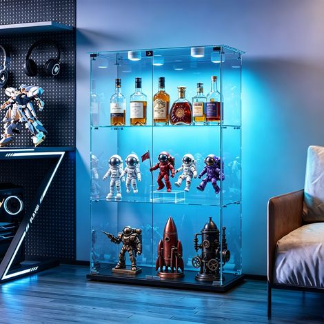 JOOKGBD-Vetrina in Vetro 123x78,5x35 cm con LED, Vetrina da Collezione con 2 Ante e 3 Ripiani in Vetro Trasparente, Mobile Espositore per Soggiorno Cucina Ufficio, Nero