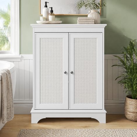 Badezimmerschrank stehend MDF Weiß mit Rattantür und verstellbarem Einlegeboden,66.6x29.8x86.5cm (1/5)