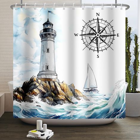 Rideau de douche imperméable avec crochets, idéal pour les salles de bains et les salles d'eau, orné d'un motif de voilier, de boussole et de pierres côtières, dimensions : 180 x 180 cm (1/5)