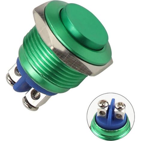 Interrupteur à bouton-poussoir en métal, 220 V, 16 mm, étanche, rond, en acier inoxydable, à réinitialisation automatique, normalement ouvert, tête haute (vert) (1/4)