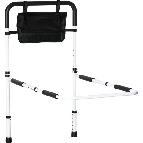 Barre d'appui lit réglable 5 niveaux, protection, pochettes de rangement, 52 x 85-95 x 71-102 cm, blanc et noir (1/5)