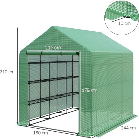 Serre de plain-pied à 8 étagères, serre à tomates avec porte, verte, en acier et plastique PE