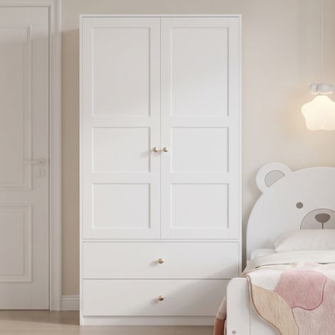 Armoire dressing 100x48x180 cm, 2 portes, 2 tiroirs, tringle, rangement, MDF - Blanc (1/5)