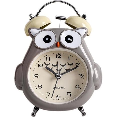 Réveil pour enfants, joli hibou de dessin animé, cloche puissante, horloge de bureau sans tic-tac avec veilleuse (gris)