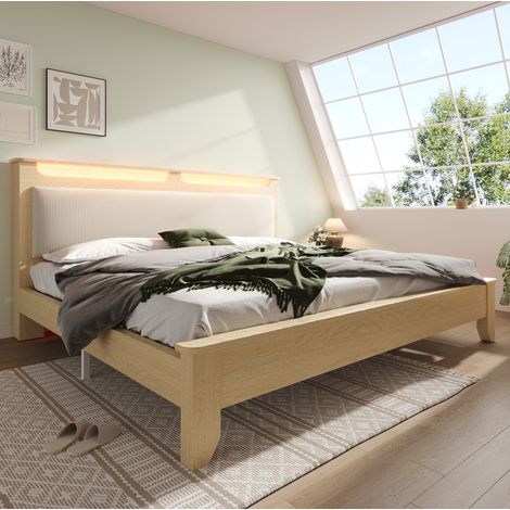 Lit double en bois chêne clair et velours côtelé beige 180x200 cm, tête de lit avec rangement, LED et sommier à lattes (1/5)