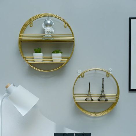 Étagère murale ronde multifonctionnelle en fer forgé - Un seul niveau doré