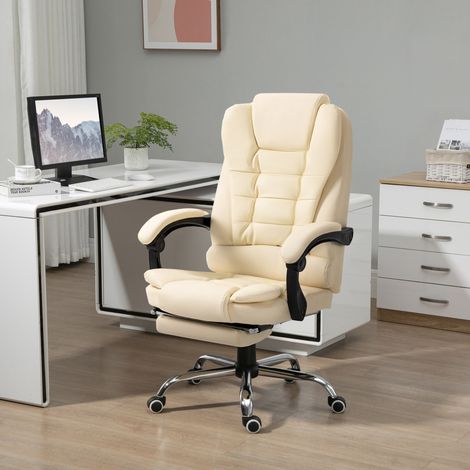 Chaise de bureau avec repose-pieds, simili cuir crème, inclinaison 145°, appui-tête, 64,5 x 69 x 109-117 cm (1/5)