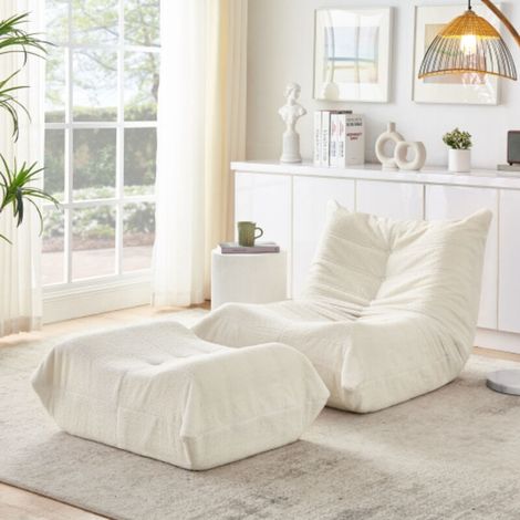 fauteuil de lecture souple en fève de haricot recouvert de fourrure synthétique Teddy, canapé individuel au sol confortable pour salon, chambre à coucher, bureau ou appartement, couleur beige (1/5)