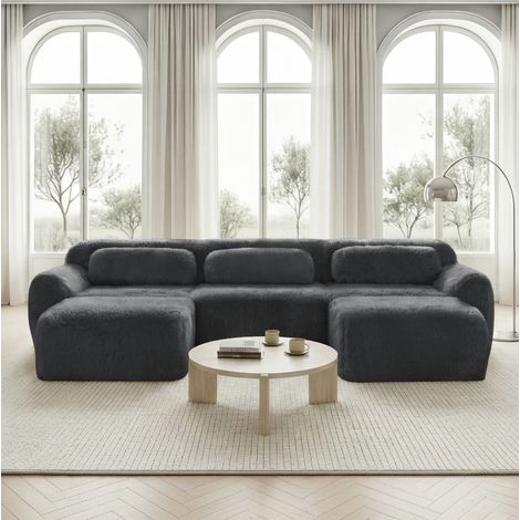 Modulares Ecksofa grau aus Plüsch mit rutschfester Basis und Kissen (1/5)