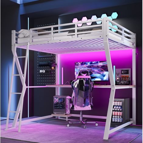 Letto rialzato 140x200 cm con LED, mensola per PC, scrivania, presa elettrica e porta USB, senza materasso, bianco (1/5)