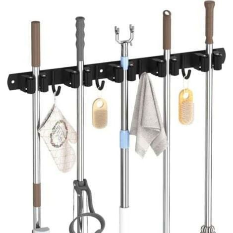 Accroche Balai Mural, Porte Balai Mural avec 5 Support et 4 Crochets, Range Balai Mural en Acier Inoxydable pour la Cuisine, Le Garage, Le Jardin, Noir (1/4)