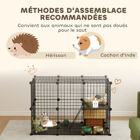 Enclos pour petits animaux, cage à lapin modulable 3 niveaux, 39 panneaux avec rampes, en métal, 70 x 70 x 105 cm, noir (1/5)