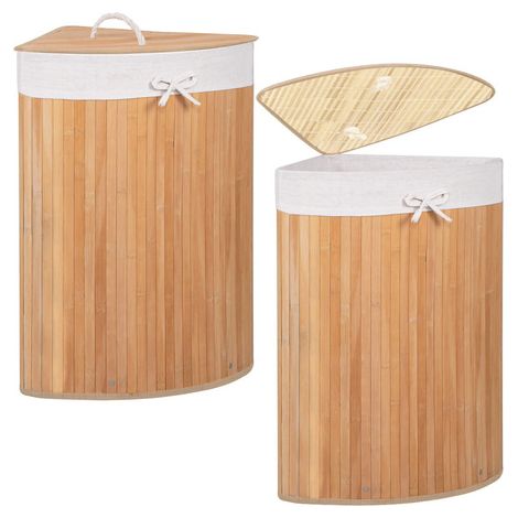 Cestino per il bucato 73L, contenitore d'angolo con coperchio in bambù naturale.