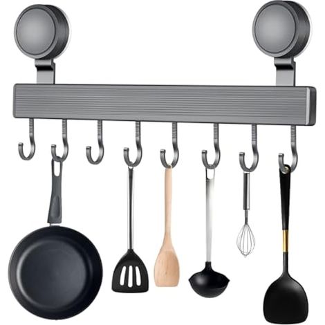 Porte-ustensiles à ventouse, barre de cuisine sans perçage, support mural 20 kg, 41 cm avec crochets coulissants pour tasse, spatule, poêle.