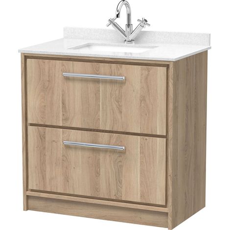 Longnor 2 Drawer Floor Standing Vanity Unit with Square Basin and Marble Worktop, Light Oak, 800mm