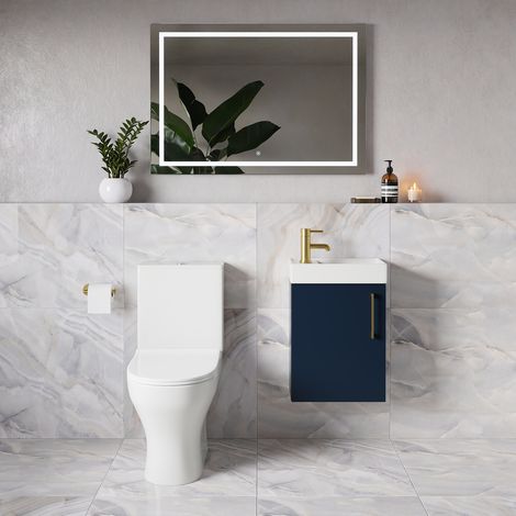 Napoli Cube Deep Blue 400mm Single Door Wall Mounted Vanity Unit and Jubilee Toilet Suite with Align Basin - 400mm - Brushed Brass 160mm Handle