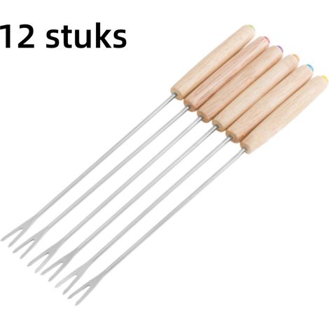 Ensemble de 12 fourchettes à fondue en acier inoxydable avec manches en bois pour fruits fromage chocolat barbecue et viande dimensions 24 x 1 cm couleur argentée (1/5)