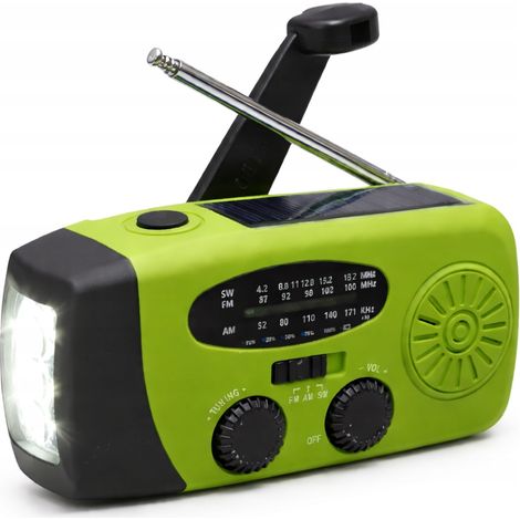Radio solar portátil Sanelite con antena de manivela, linterna, batería externa, color verde. (1/5)