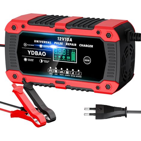 Chargeur de voiture intelligent 12 V 10 A LiFePO4 pour voiture et moto avec écran LCD, 6 modes de réparation pour batteries AGM, gel et SLA à électrolyte liquide
