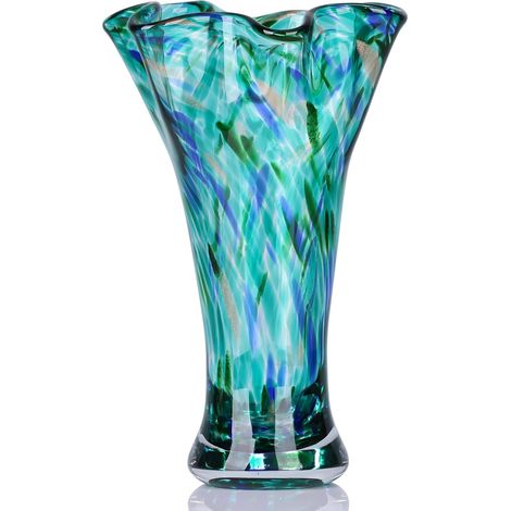 Vases en verre bleu sarcelle de 22,9 cm de hauteur pour fleurs, vase en verre soufflé à la main, décoration d'intérieur, vase à fleurs vertes à large goulot, centres de table, pour bibliothèque, table (1/5)